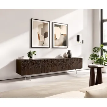 Televizní stolek DELIFE TV stolek Follia 200 cm mango hnědá 4 dvířka rohová podnož nerezová ocel broušená