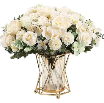 Zahradní dekorace 2 kytice umělých bílých květin, hedvábné pivoňky, umělé růže, kytice umělých květin pro dekoraci na