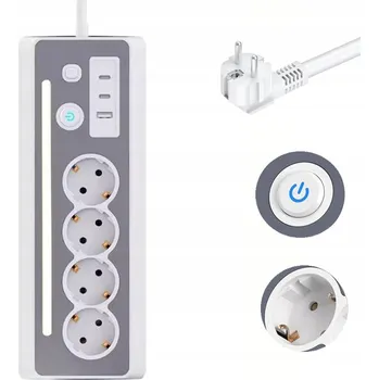 Napájecí kabel PRODLUŽOVACÍ KABEL POWER STRIP ROZDVOJKA 4 ZÁSUVKY 220V 1XUSB 2XTYPE-C S LED