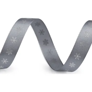 Stuha Vánoční saténová stuha vločky šíře 15 mm, střední, 3 šedá stříbrná