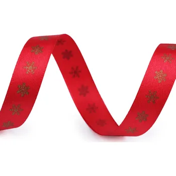 Stuha Vánoční saténová stuha vločky šíře 15 mm, malé, 4 červená zlatá