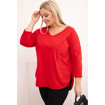 Dámská halenka Dámská bavlněná blůza Plus Size s výstřihem do V a ohrnutým rukávem červená UNI