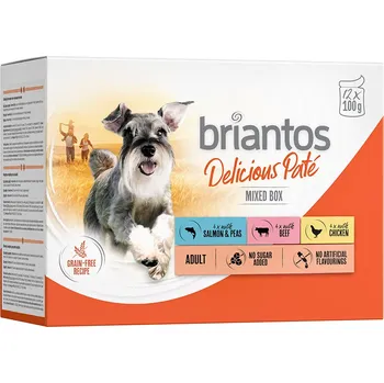 Krmivo pro psa 12x100g Briantos Delicious Paté - míchané balení (kuřecí, hovězí, losos)