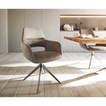 Jídelní židle DELIFE Jídelní židle Yago-Flex s područkami mikrovlákno taupe vintage křížová podnož široká nerezová ocel taštičkové pružiny