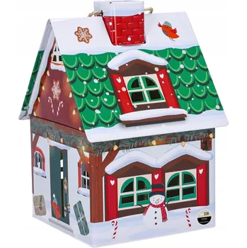 Dóza na potraviny Dóza na sušenky, kovová, vánoční motiv domečku, 14x10 cm
