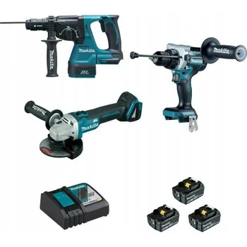 Sada Makita Aku vrtačka s příklepem, úhlová bruska 18V, 3x 5Ah