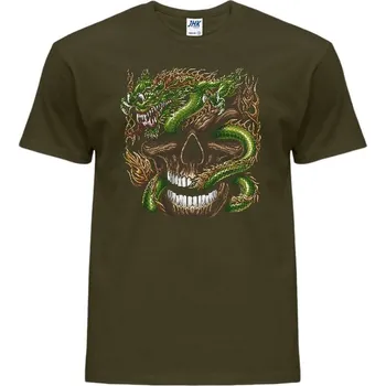 Pánské tričko panske-levne-bavlnene-tricko-potisk-drak-lebka Barva: Khaki, velikost: S
