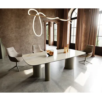 Jídelní stůl DELIFE Jídelní stůl Edge tvar oválu 240x120 cm keramika Iris FMG Onice OroTroa kov titanový efekt