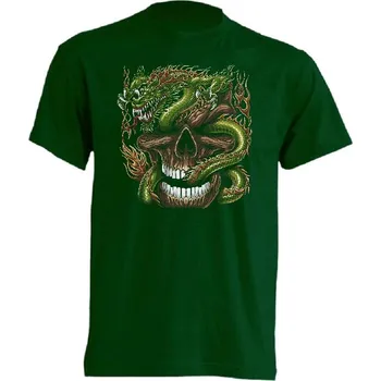 Pánské tričko panske-levne-bavlnene-tricko-potisk-drak-lebka Barva: Bottle green - lahvově zelená, velikost: M