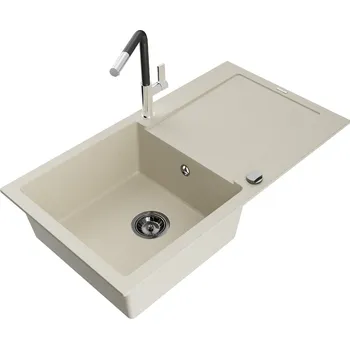 Kuchyňský dřez MEXEN/S - Leo granitový dřez 1 s odkapávačem včetně baterie Flora, béžováy 6501-69-670401-07-B