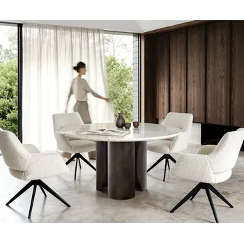 Jídelní stůl DELIFE Jídelní stůl Adenza kulatý 140x140 cm mramor bílá kov černá vintage