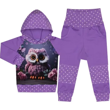 Tepláková souprava - Puntík fialová - sovička (kapuca) Velikost: 92