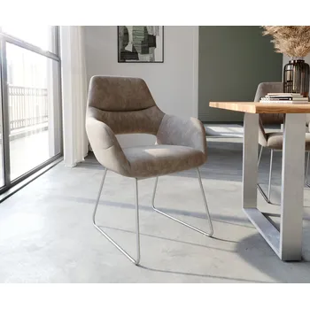 Jídelní židle DELIFE Jídelní židle Yago-Flex s područkami mikrovlákno taupe vintage tenká podnož nerezová ocel taštičkové pružiny