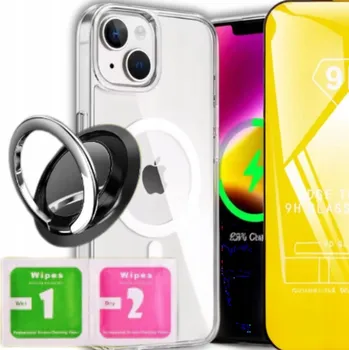 Pouzdro na mobilní telefon POUZDRO POUZDRO PRO IPHONE 15 + SKLO 9H ZESÍLENÉ 360°CLEAR + DRŽÁK RING SADA