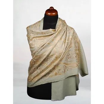 Šála Kašmírská vlněná šála vyšívaná hedvábím světle zelená s béžovou a zlatou