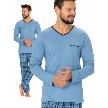Pánské pyžamo Hotberg LEON - elegantní pánské pyžamo dlouhé modré do V M