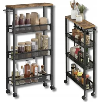 regál DŘEVĚNÝ REGÁL KUCHYŇSKÝ VOZÍK ÚZKÝ NA KOLEČKÁCH POLICE KOVOVÝ LOFT 4 ÚROVNĚ