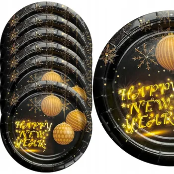 Talíř TALÍŘE Papírové Černo Zlaté 23cm na NOVÝ ROK 6 kusů