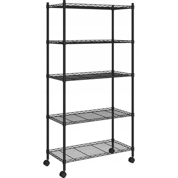 Dílenský regál Drátěný regál na kolečkách, černý, 75x35x155 cm, 5 Polic