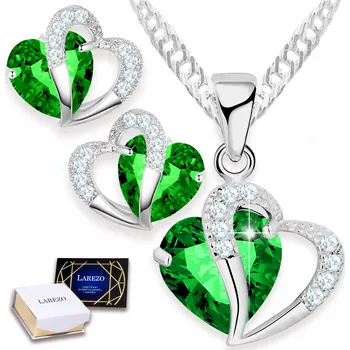 Náhrdelník Sada stříbrných šperků – náhrdelník a Náušnice se zelenými křišťálovými srdíčky