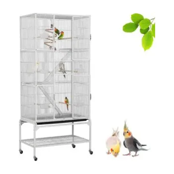 Ptačí klec 610718, se 6 bidélky, klec s kolečky, bílá, 81 x 46,5 x 175,5 cm - A YAHEETECH