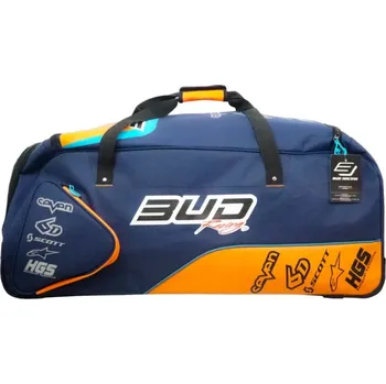 Motokrosová cestovní taška - cestovní textilní brašna na kolečkách s rukojetí BUD RACING TRAVEL ROLLER BAG BIG TEAM s objemem 150 litrů, barva modrá/oranžová (rozměr 90 × 45 × 35 cm, navržena pro motokrosové jezdce a náročné cestování)