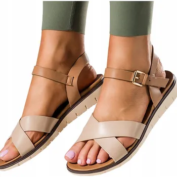 Dámské sandále BÉŽOVÉ DÁMSKÉ SANDÁLY PLOCHÉ MÓDNÍ PÁSKY PŘES NÁRT LEHKÉ POHODLNÉ vel. 36