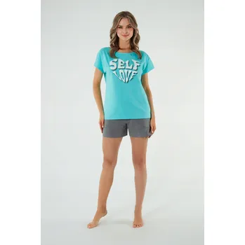 Dámské pyžamo Dámské pyžamo Italian Fashion Selfie krátký rukáv, krátké kalhoty, tyrkysová šedá vel. S