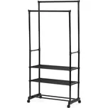 Stojan na šaty dvouramenný se třemi policemi, černá barva, kov / plast, chrom