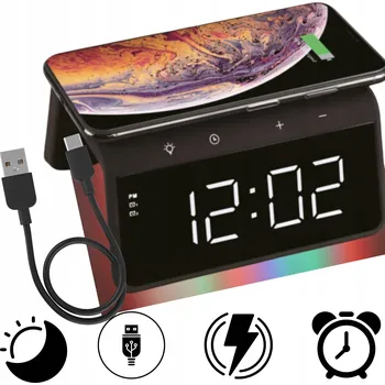 Budík DIGITÁLNÍ BUDÍK S QI INDUKČNÍ NABÍJEČKOU, RGB ALARM, 9 BAREV LED, USB, ALARMY