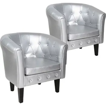 Křeslo 2x levné klubové křeslo Chesterfield stříbrné s koženkovým čalouněním