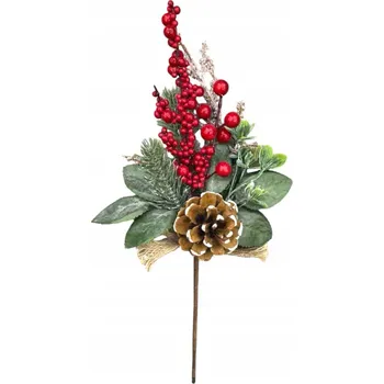 Vánoční dekorace VÁNOČNÍ DEKORACE VĚTVIČKA 30CM - ČERVENÉ KOULE, BOBULE, JEHLIČÍ, LISTY