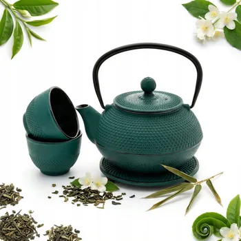 Konvice na čaj KONVICE 0.8L LITINOVÁ 2x ŠÁLKY PODLOŽKA ZÁZVOR SE SÍTKEM NA ČAJOVÉ BYLINY