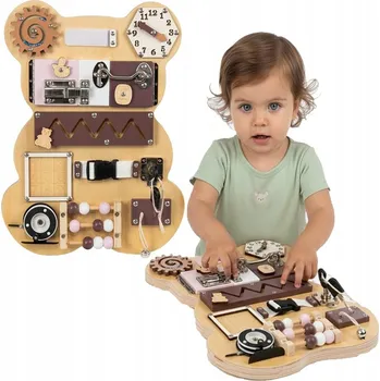 Dřevěná hračka SENZORICKÁ MANIPULAČNÍ TABULE EDUKAČNÍ DŘEVĚNÁ MONTESSORI MEDVÍDEK