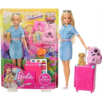 Panenka Panenka cestovatelka Barbie na cestách s kufrem a batohem s pejskem FWV25