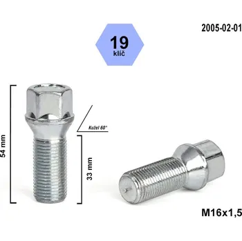 Šroubek na kolo Kolový šroub M16x1,5x33 kužel, klíč 19, 2005-02-01, výška 54 mm