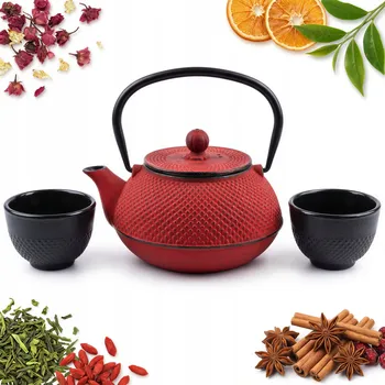 Konvice na čaj Litinová KONVICE 0,8 l se sítkem na čaj a nálevníkem + 2 ŠÁLKY