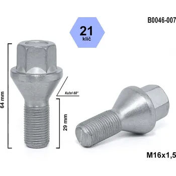 Šroubek na kolo Kolový šroub M16x1,5x29 kužel, klíč 21, CITROËN, FIAT, PEUGEOT výška 64 mm