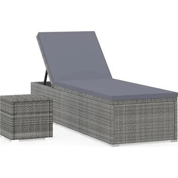 Zahradní lehátko Polyratanové Lehátko se Stolkem, Nastavitelné, Šedé, 195x61,5x33/75,5 cm