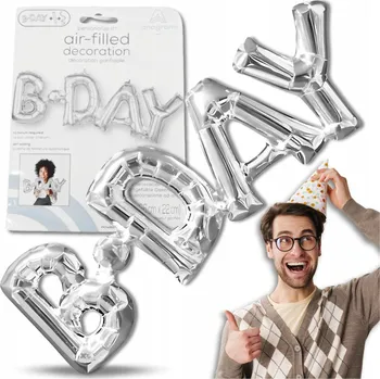 Balónek Fóliový balónek OBROVSKÝ NÁPIS B-DAY STŘÍBRNÝ k narozeninám 66 CM x 22 CM