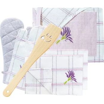 Kuchyňská zástěra ARÔME HOME Dárkový kuchyňský set Levandule Zástěra, chňapka, utěrky a vařečka