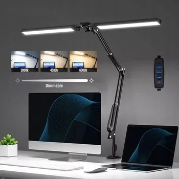 Lampička LED stolní lampa 24W s dvojitou hlavicí, 80 cm, s klipem, stmívatelná, černá