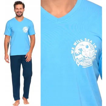 Pánské pyžamo Pánské bavlněné pyžamo, dlouhé kalhoty MORAJ, S POTISKEM, krátký rukáv, XL