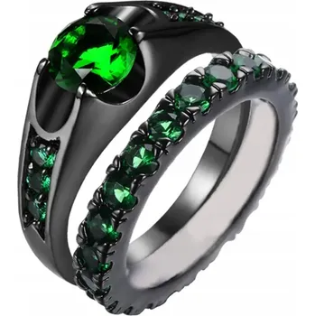 Prsten Prstýnek s černým a dvojitým diamantem a smaragdem z chirurgické Ocel