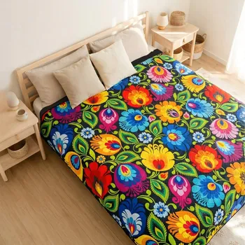 Přehoz na lůžko Přehoz na postel Folkstar černý s květy z Łowicze 220x240 cm