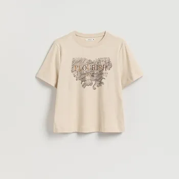 Reserved - Bavlněné tričko s potiskem - béžová - 162HT-08X - 162HT-08X-L