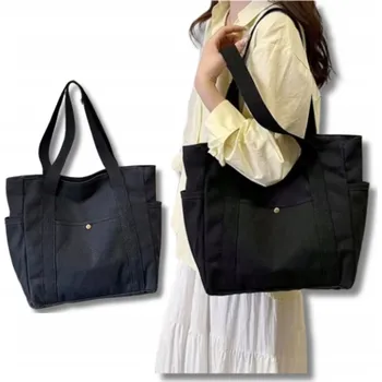 Kabelka Dámská plátěná taška shopper černá přes rameno na zip