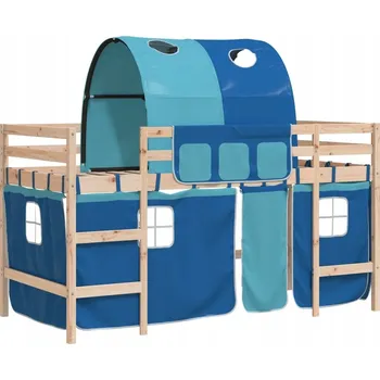 Postel Dětská Loftová Postel s Žebříkem a Závěsy, Masivní Borovicové Dřevo,