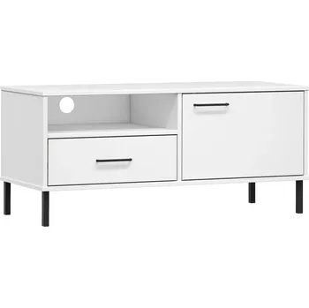 Televizní stolek TV stolek OSLO, bílý, 106 x 40 x 46,5 cm, masivní borovicové dřevo, kov