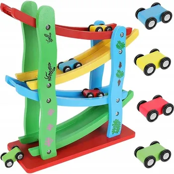 autodráha Dřevěná autodráha víceúrovňová skluzavka 1:40 se 6 autíčky